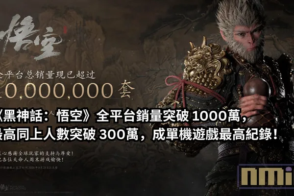 《黑神話:悟空》宣布全平台銷量突破 1000萬,最高同上人數突破 300萬,成單機遊戲最高紀錄!