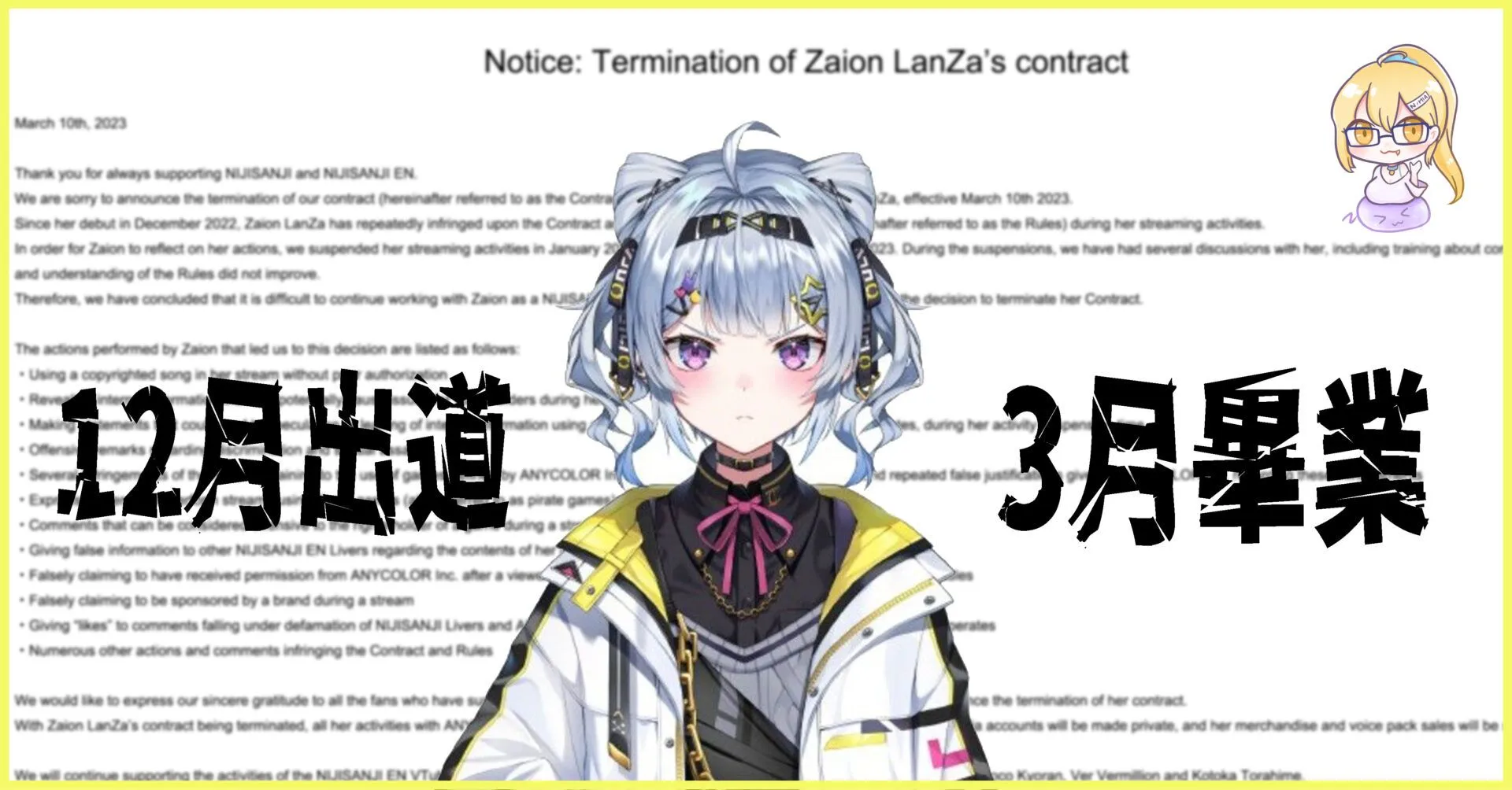 NIJISANJI EN七期生 Zaion LanZa 即日畢業, 文告詳細列出12項違規