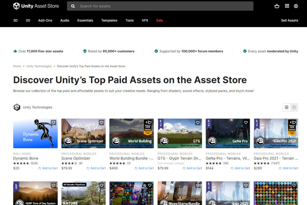 Unity 遊戲資源商店上有大量的遊戲資產 (Unity Asset Store)